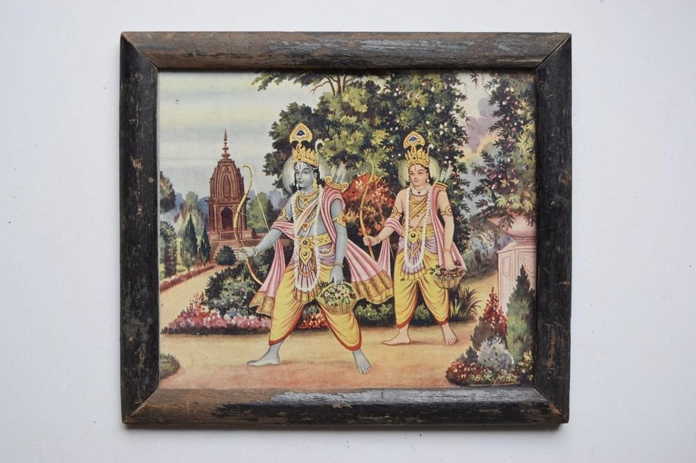 Lord Rama Ramayana Rare Old Religious Print in Old Wooden Frame India Art #3126