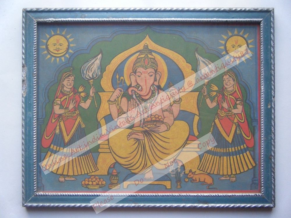 Hindu Elephant God Ganesha Vintage Print in Old Wooden Frame Religious Art #2436