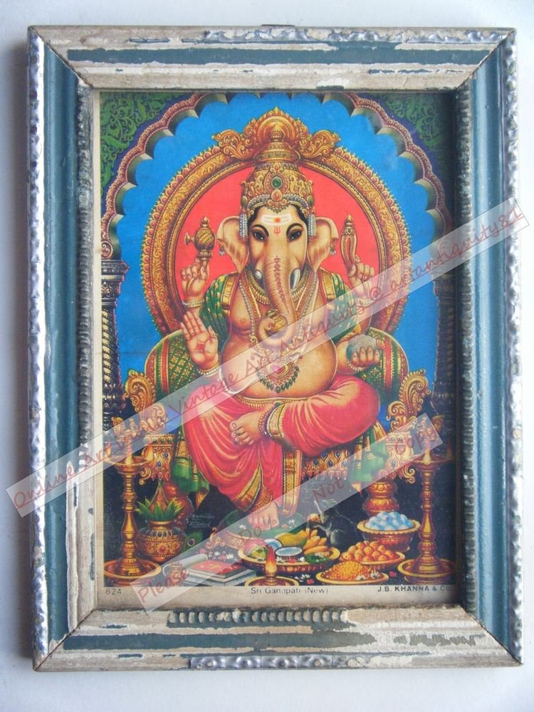 Hindu Elephant God Ganesha Vintage Print in Old Wooden Frame Religious Art #2438