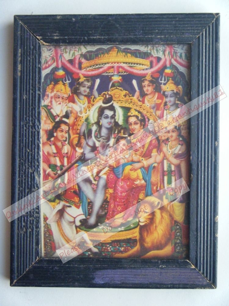 Shiv Parvati Vintage Old Religious Print in Old Wooden Frame India Art #2411