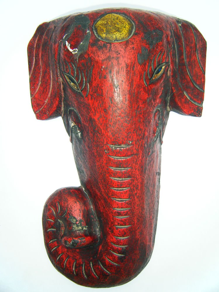Ganesha Wooden Mask, Old Rare Hand Coloured Handmade Original Indian Mask #1580
