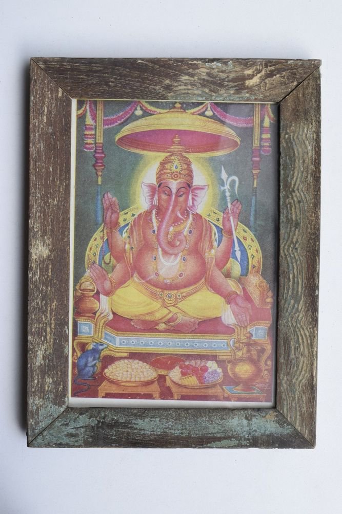 Elephant God Ganesha Rare Vintage Print in Old Wooden Frame Religious Art #3211