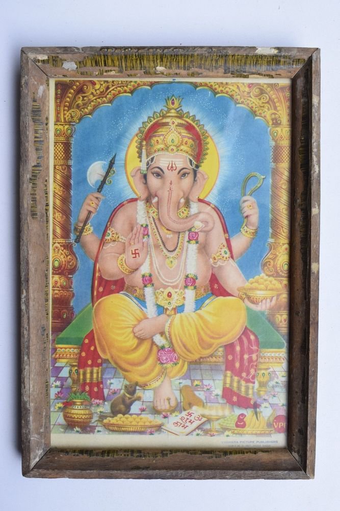 Elephant God Ganesha Rare Vintage Print in Old Wooden Frame Religious Art #3212