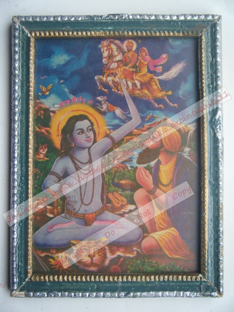 Hindu God Baba Chand Old Religious Print in Old Wooden Frame India Art #2521