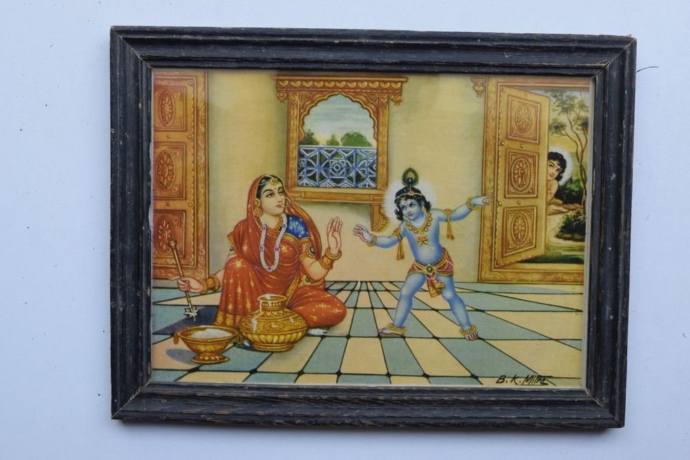 Baby Krishna Collectible Rare Old Art Print in Old Wooden Frame from India #3285