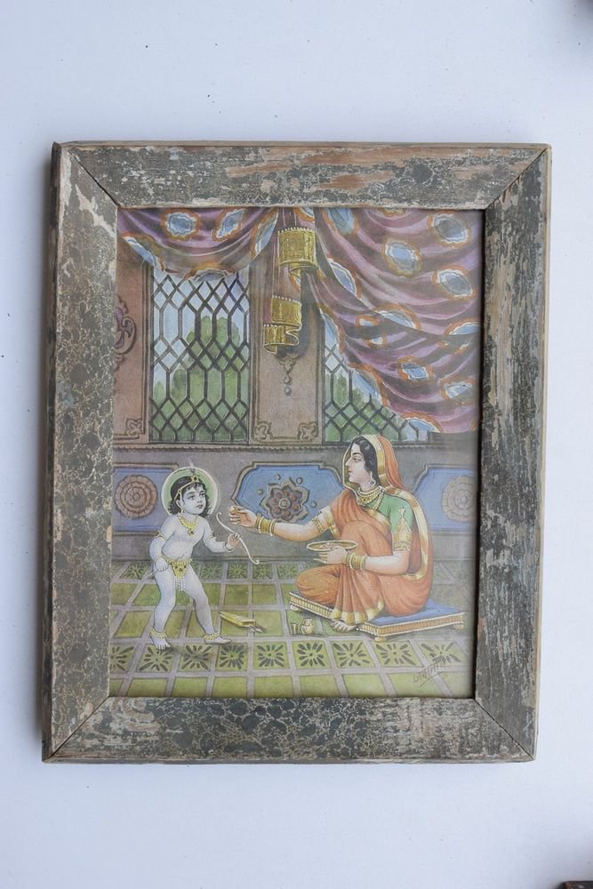 Baby Krishna Collectible Rare Old Art Print in Old Wooden Frame from India #3286