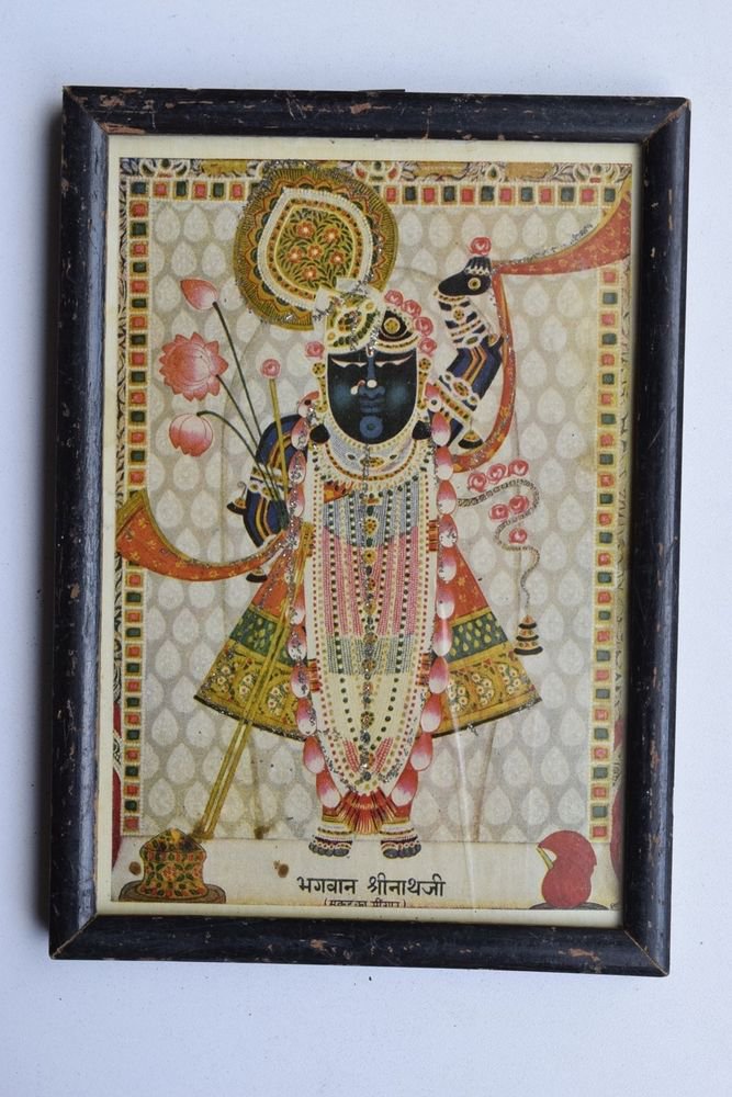 Shrinathji Krishna Old Original Hand Color Painting in Old Wooden Frame #3220