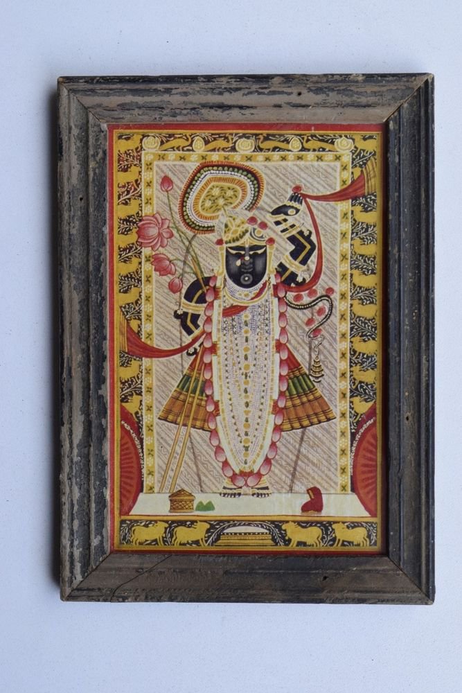 Shrinathji Krishna Old Original Hand Color Painting in Old Wooden Frame #3221