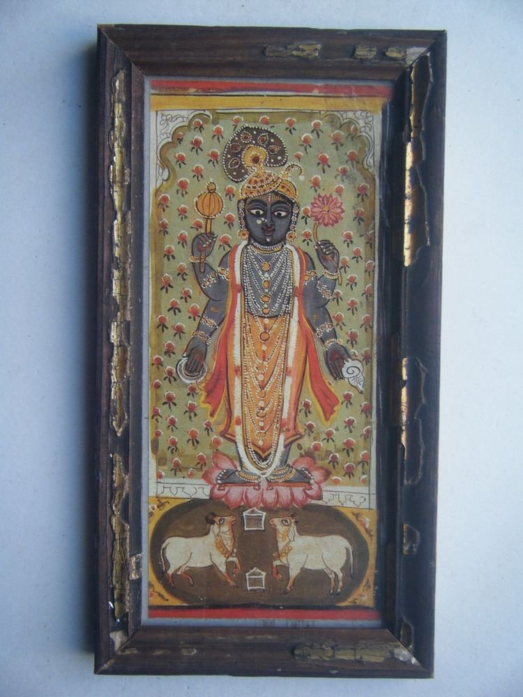Hindu God Krishna Nice Old Religious Print in Old Wooden Frame India Art #2819