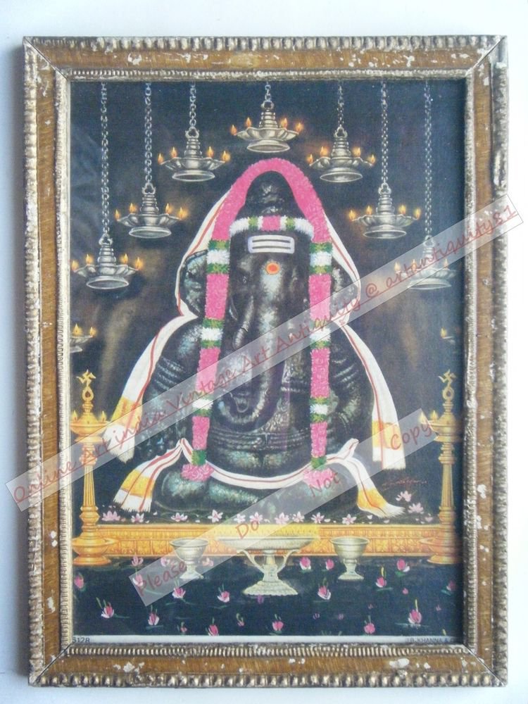 Hindu Elephant God Ganesha Vintage Print in Old Wooden Frame Religious Art #2444