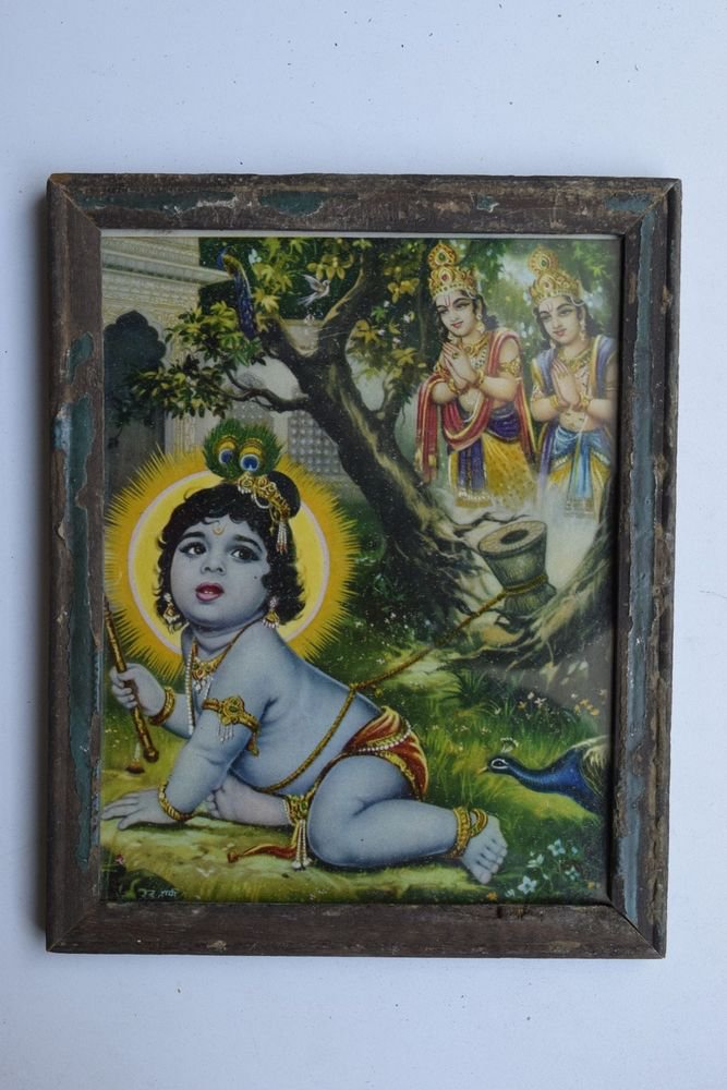 Baby Krishna Collectible Rare Old Art Print in Old Wooden Frame from India #3290
