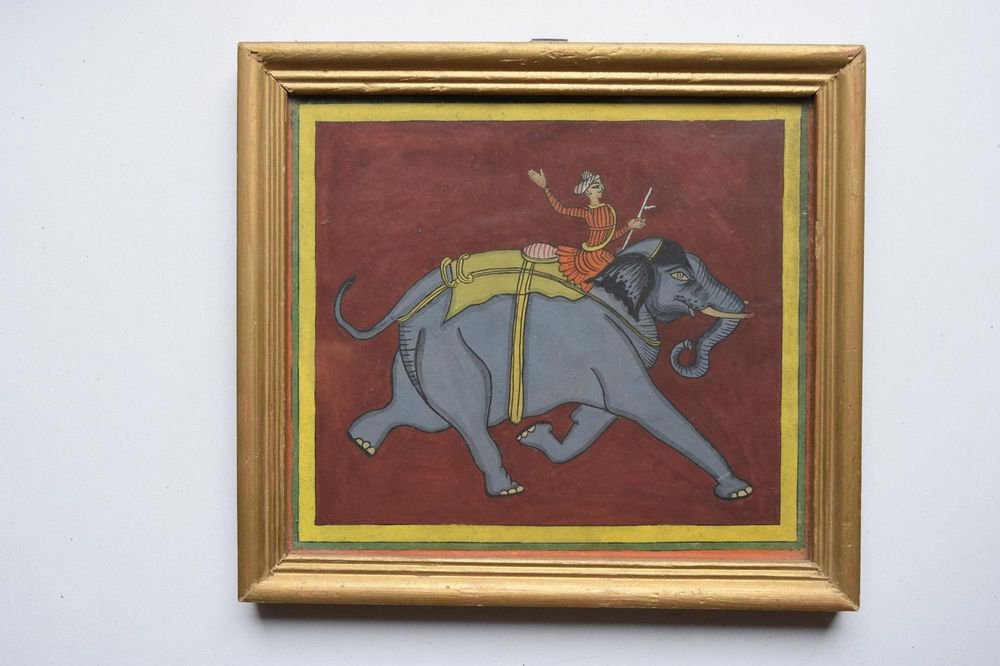 Beautiful Elephant Hand Color Folk Painting in Old Wooden Frame India #3102