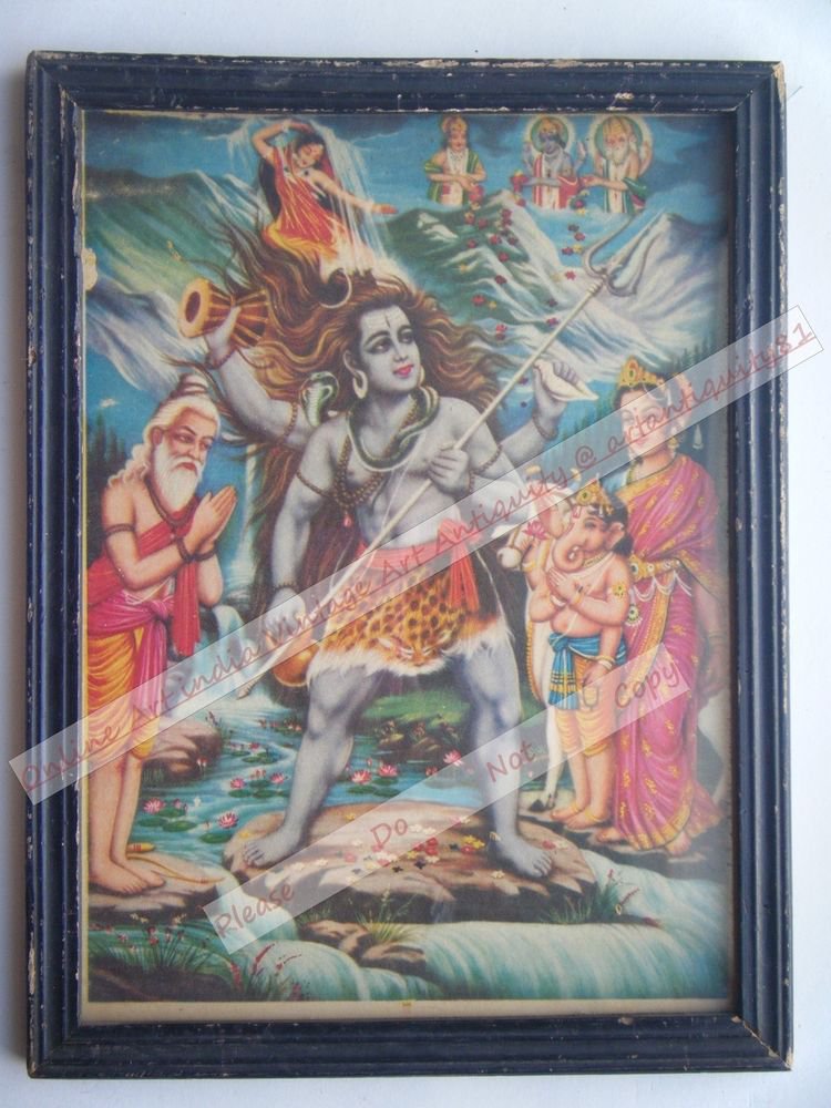 Hindu Lord Shiv Vintage Old Religious Print in Old Wooden Frame India Art #2412