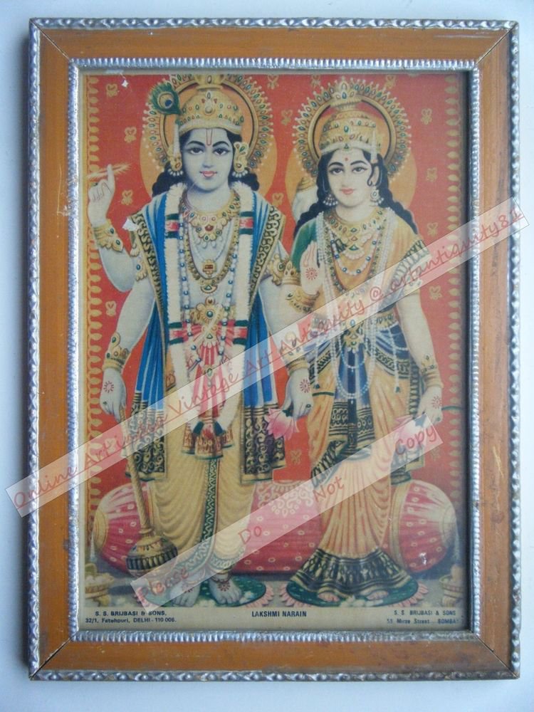 Hindu God Vishnu Laxmi Vintage Print in Old Wooden Frame Religious Art #2473