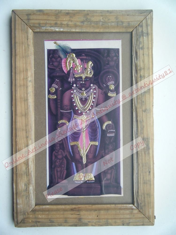 Shrinathji Krishna Avatar Home Worship Old Print in Old Wooden Frame India #2560