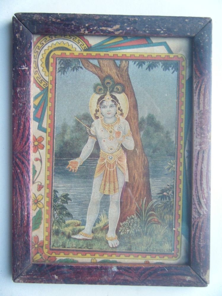 Hindu God Krishna Rare Old Religious Print in Old Wooden Frame India Art #2768