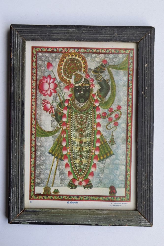 Shrinathji Krishna Old Original Hand Color Painting in Old Wooden Frame #3223