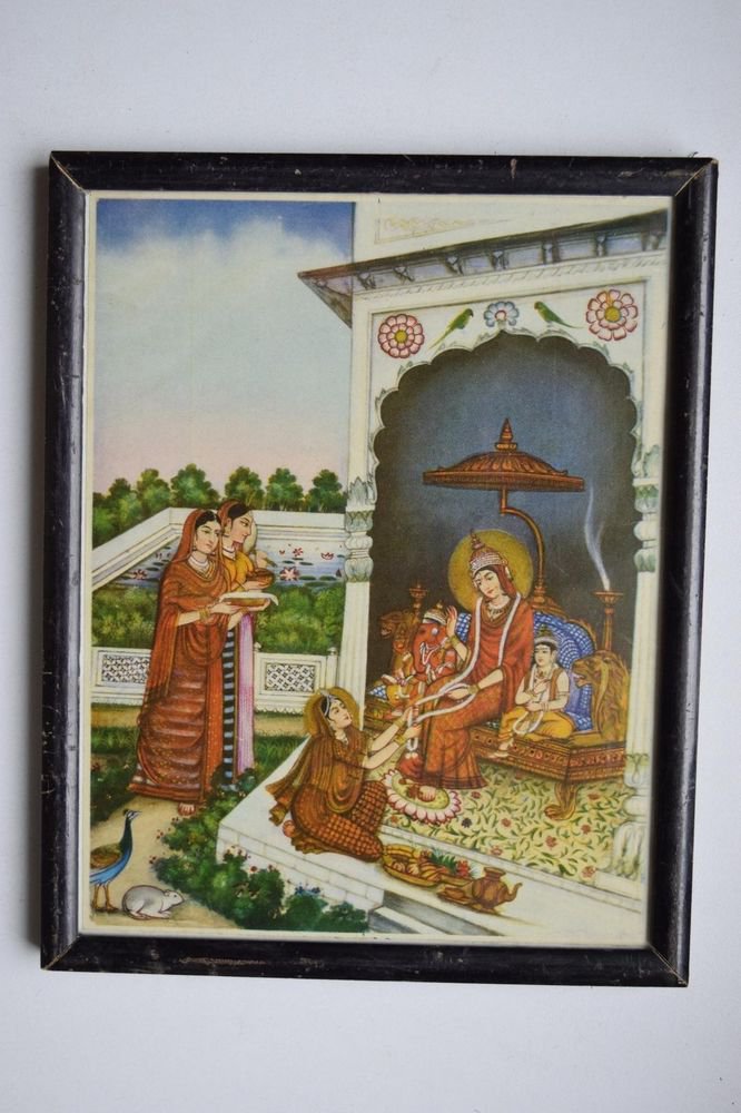Ganesha Parvati Rare Old Vintage Print in Old Wooden Frame Religious Art #3148