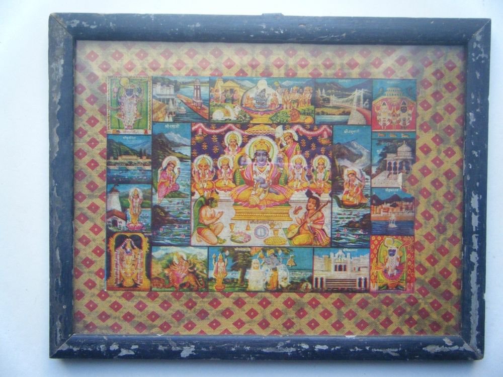 Hindu God Vishnu Rare Old Vintage Print in Old Wooden Frame Religious Art #2805