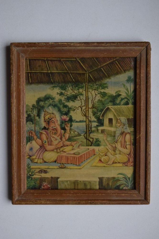 Hindu Elephant God Ganesha Vintage Print in Old Wooden Frame Religious Art #3145