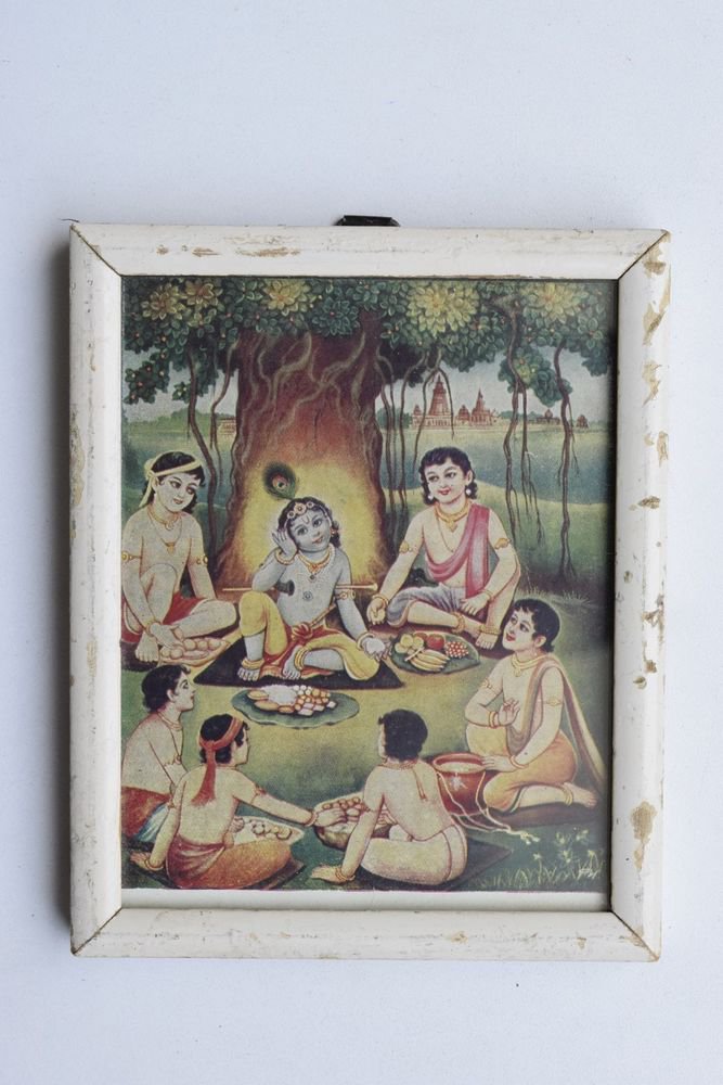Baby Krishna Collectible Rare Old Art Print in Old Wooden Frame from India #3296