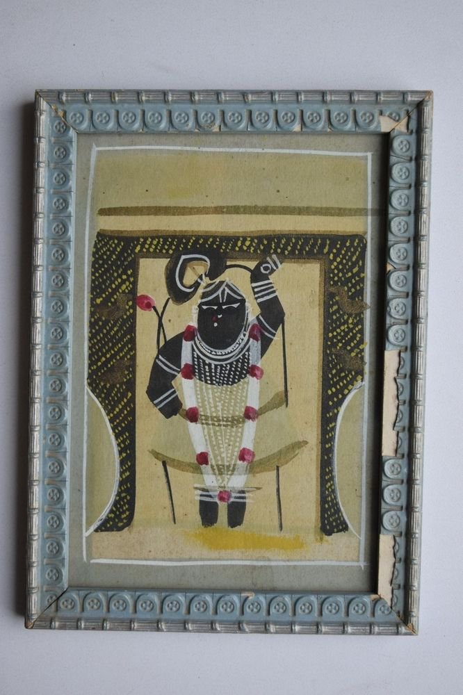 Shrinathji Krishna Old Original Hand Color Painting in Old Wooden Frame #3080