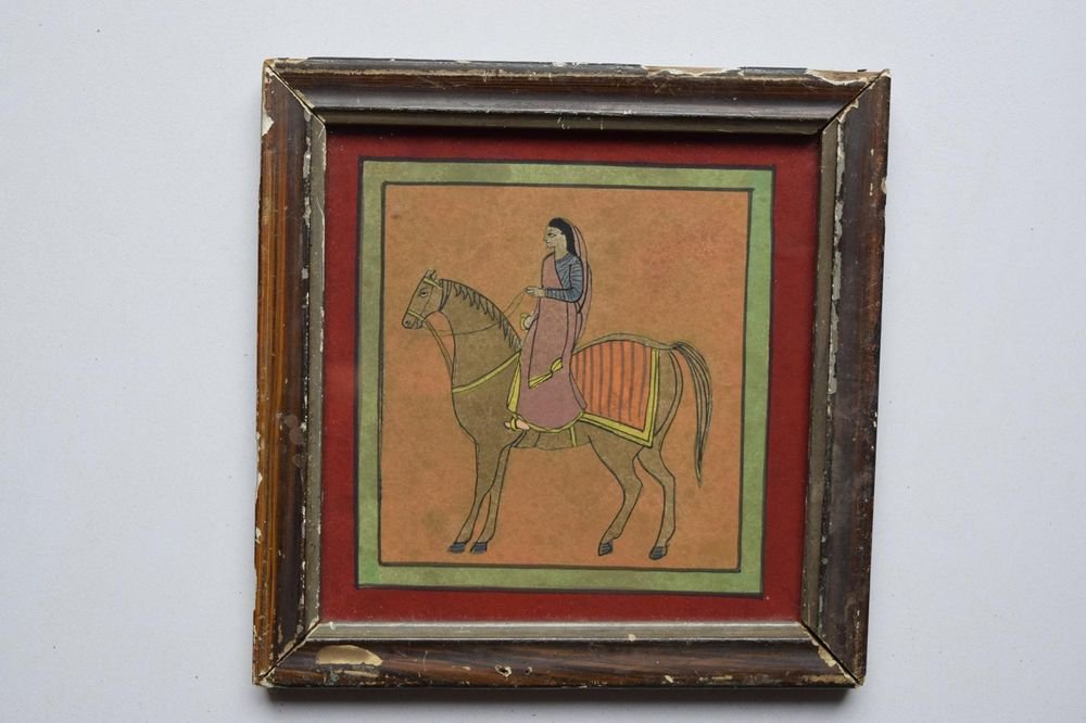 Beautiful Folk Horse Hand Color Painting in Old Wooden Frame India #3097