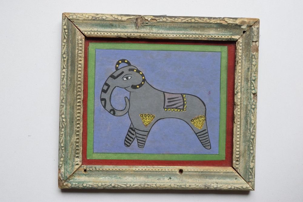 Beautiful Elephant Hand Color Folk Painting in Old Wooden Frame India #3104