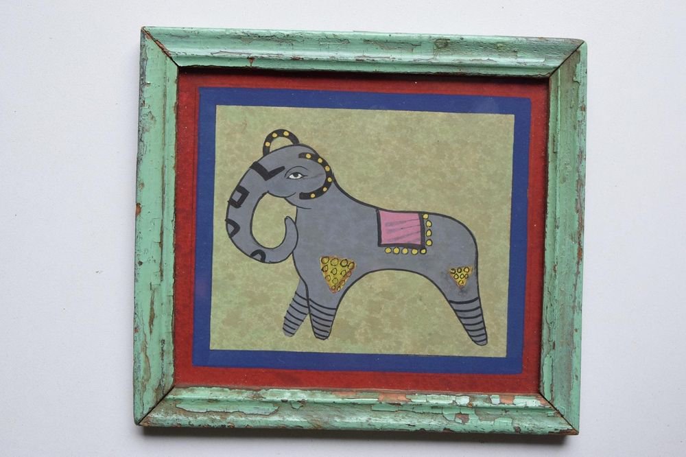 Beautiful Elephant Hand Color Folk Painting in Old Wooden Frame India #3103