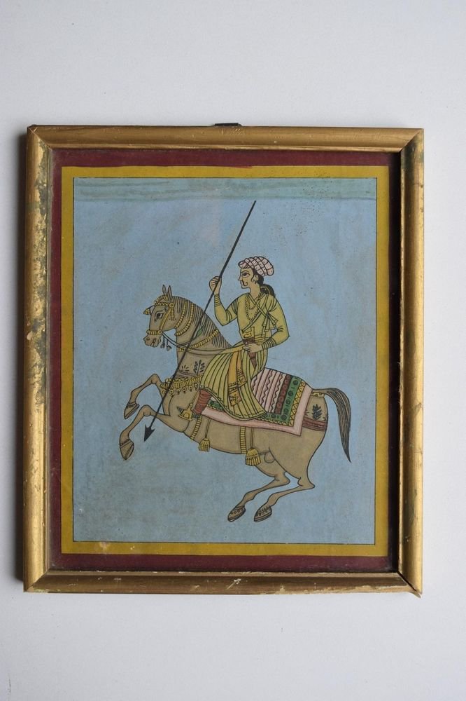 Beautiful Folk Horse Hand Color Painting in Old Wooden Frame India #3096