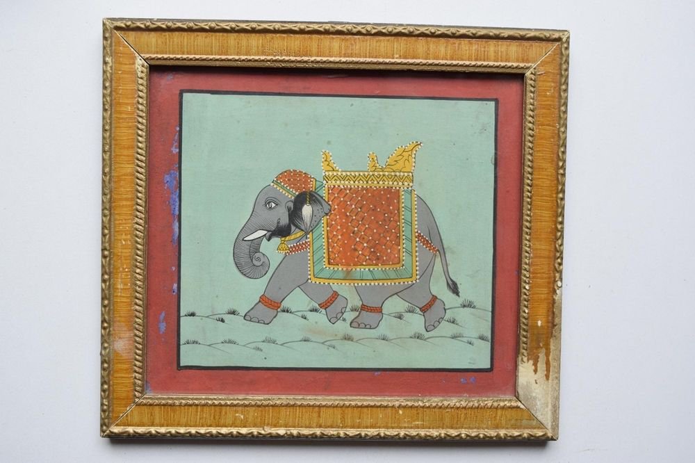 Beautiful Elephant Hand Color Folk Painting in Old Wooden Frame India #3100