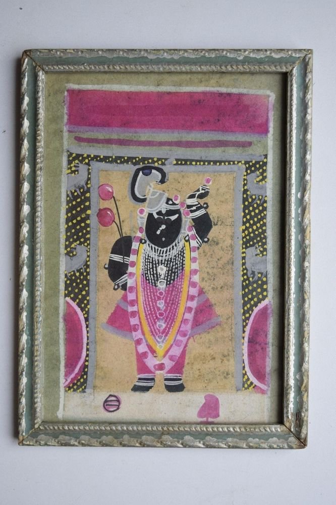 Hindu God Shrinathji Old Original Hand Color Painting in Old Wooden Frame #3077