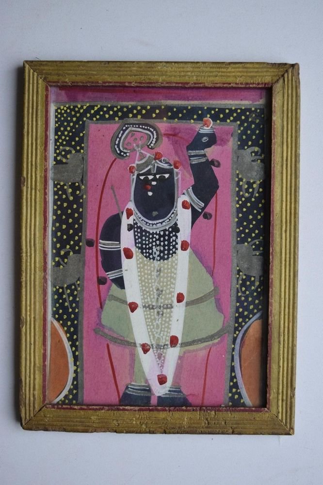 Hindu God Shrinathji Old Original Hand Color Painting in Old Wooden Frame #3079