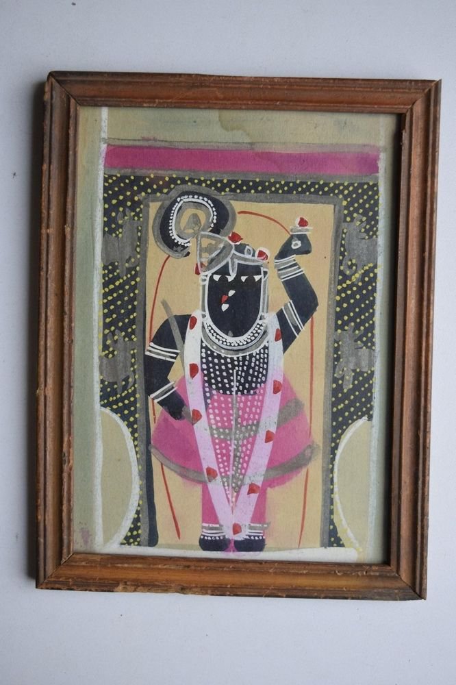 Hindu God Shrinathji Old Original Hand Color Painting in Old Wooden Frame #3078