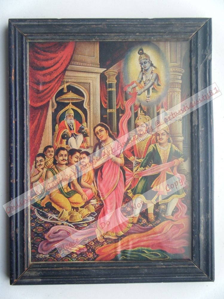 Mahabharat Krishna Nice Old Religious Print in Old Wooden Frame India Art #2496