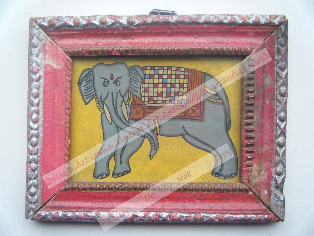 Beautiful Folk Style Elephant Hand Color Painting in Old Wooden Frame India#2564