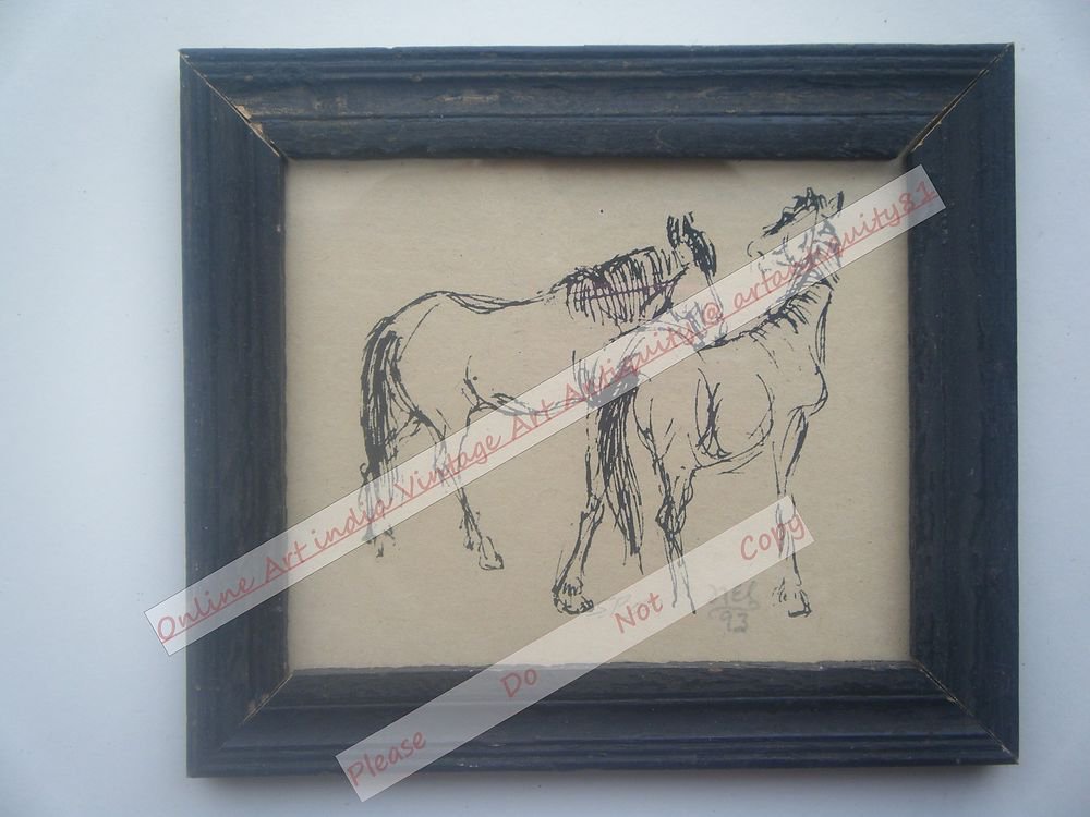 Beautiful Signed Art Print of Horses in Old Handmade Wooden Frame India #2376