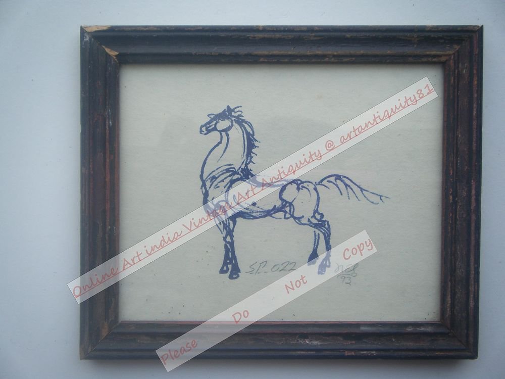 Beautiful Signed Art Print of Horse in Old Handmade Wooden Frame India #2374