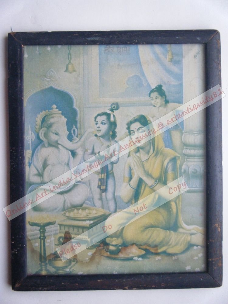 Hindu Elephant God Ganesha Vintage Print in Old Wooden Frame Religious Art #2446