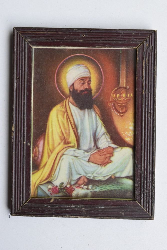 Sikh Guru Sikhism Rare Old Religious Print in Old Wooden Frame India Art #3215