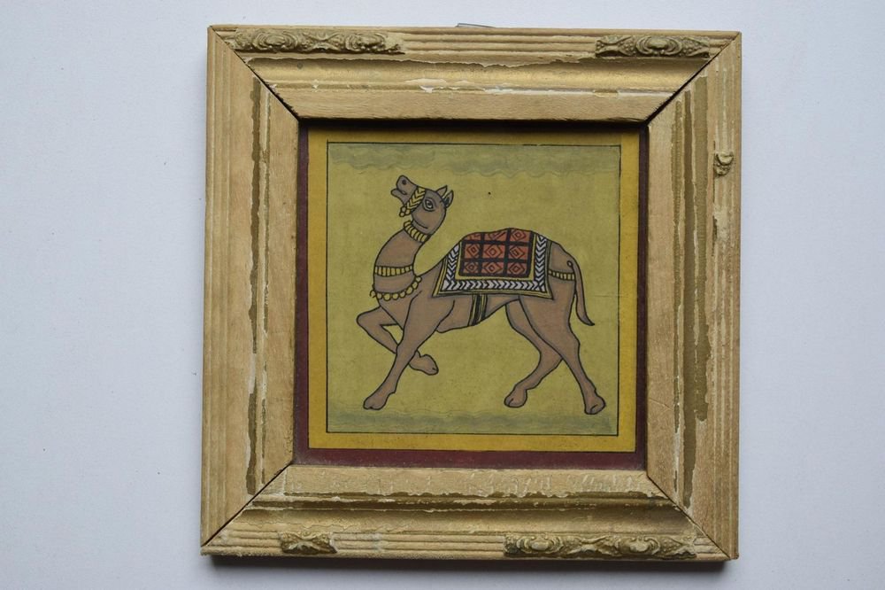 Beautiful Folk Style Camel Hand Color Painting in Old Wooden Frame India #3089