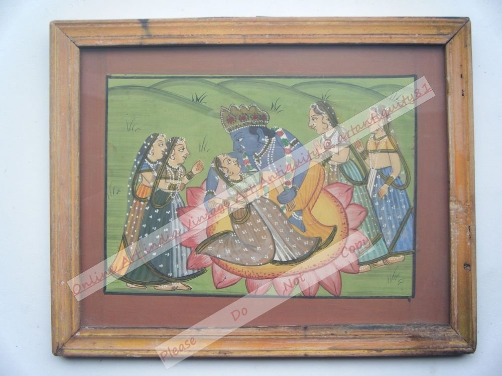 Hindu God Krishna Hand Color Folk Painting in Old Wooden Frame India #2561