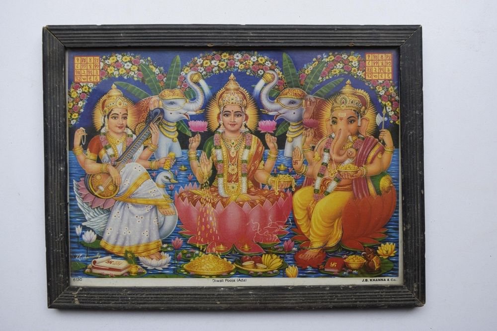 Goddess Laxmi Ganesh Religious Rare Vintage Old Print in Old Wooden Frame #3012