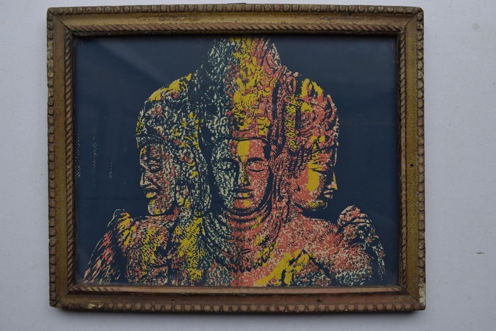 Hindu God Shiva Religious Rare Vintage Old Print in Old Wooden Frame #3001