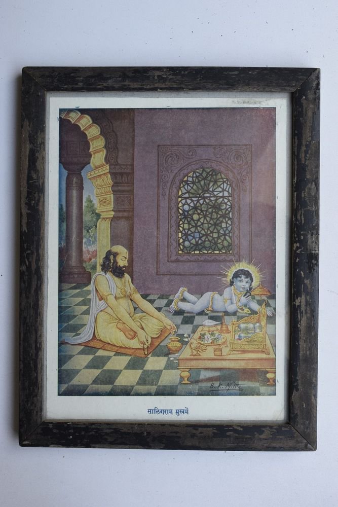 Baby Krishna Collectible Rare Old Art Print in Old Wooden Frame from India #3291