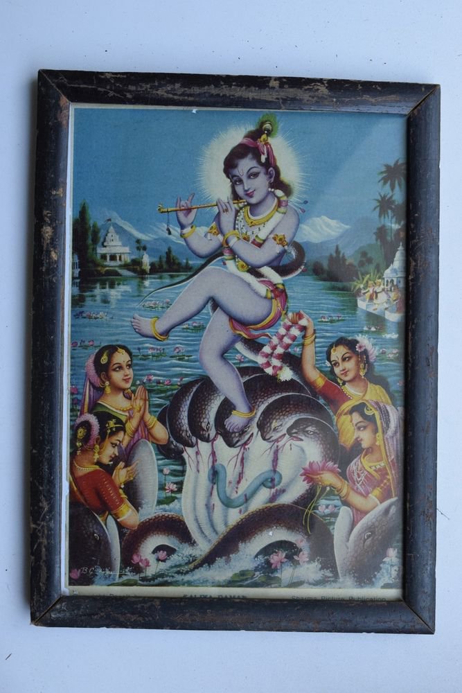 Baby Krishna Collectible Rare Old Art Print in Old Wooden Frame from India #3293