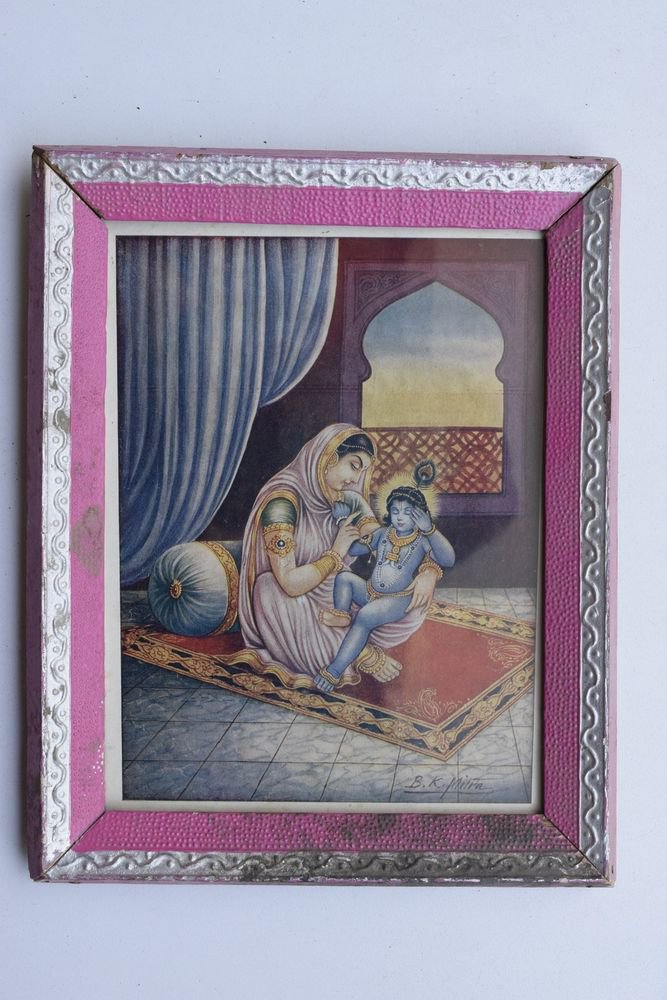 Baby Krishna Collectible Rare Old Art Print in Old Wooden Frame from India #3284