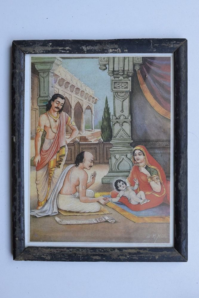 Baby Krishna Collectible Rare Old Art Print in Old Wooden Frame from India #3287