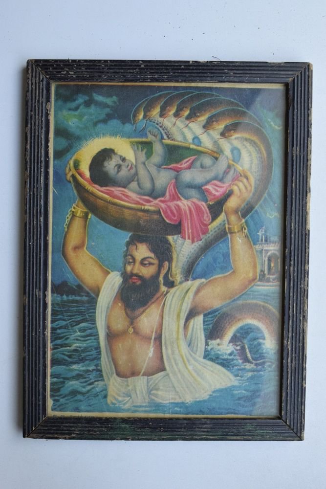 Baby Krishna Collectible Rare Old Art Print in Old Wooden Frame from India #3292