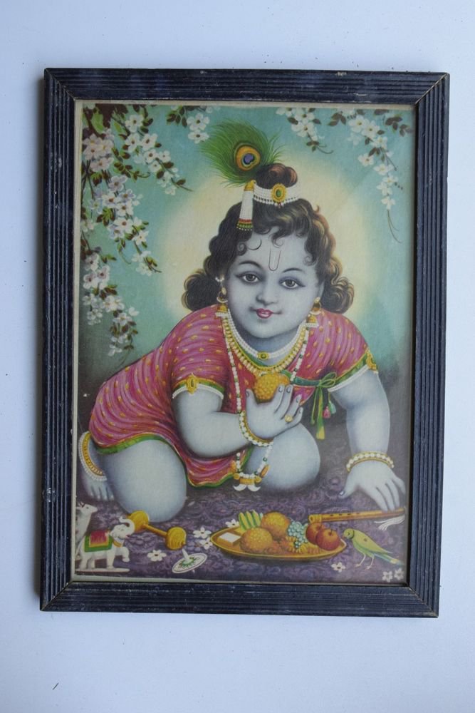 Baby Krishna Collectible Rare Old Art Print in Old Wooden Frame from India #3294